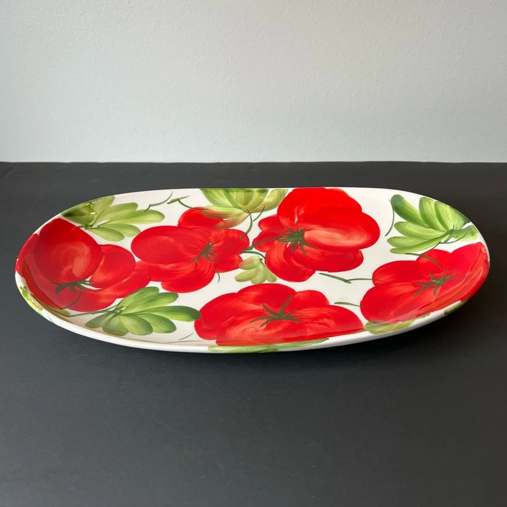 SOLD Vibrant Hand-Painted Ceramic Oval Platter 13", Red Tomatoes, Made in Italy - Picture 5 of 15